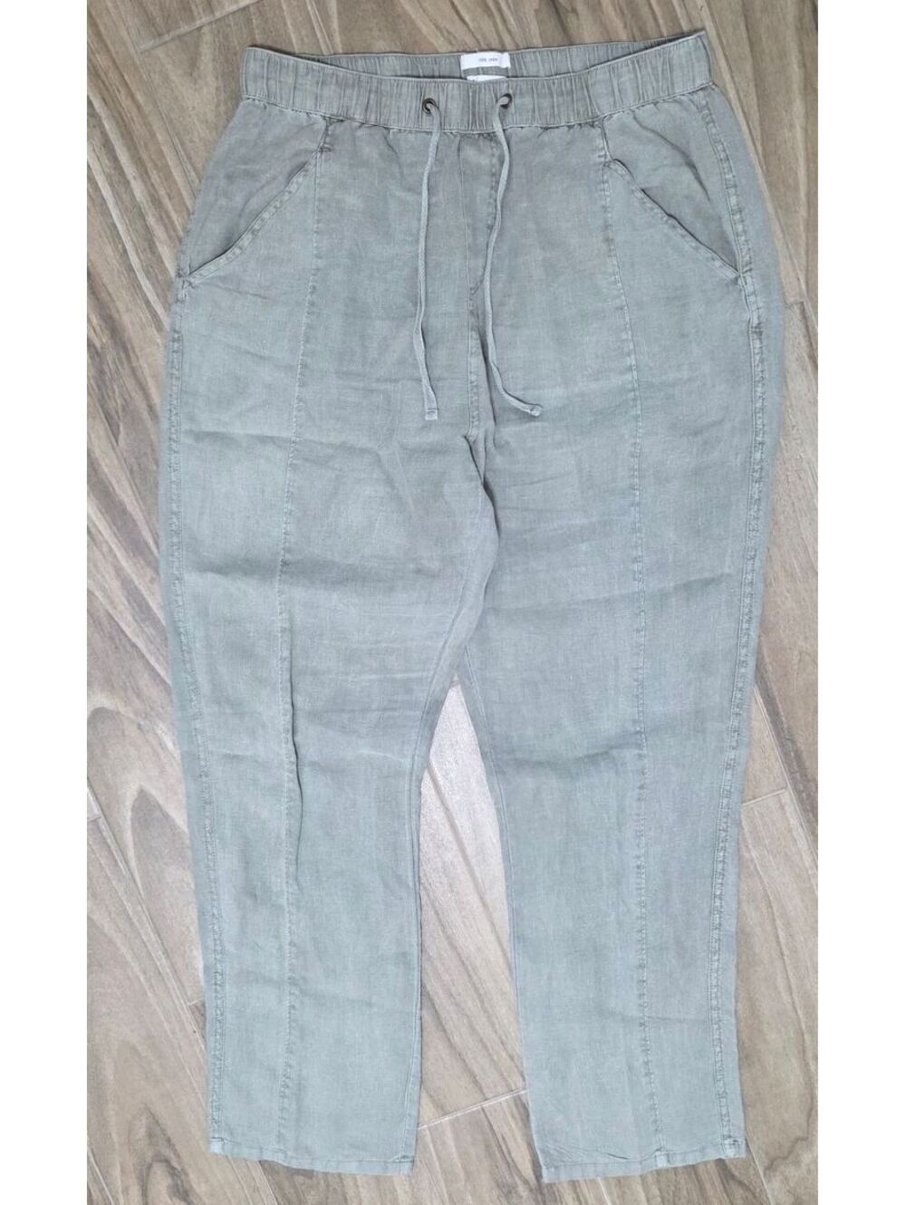 Nicole Miller New York Womens M 100% Linen Pants Sage Green Pull On Tapered - Picture 7 of 7